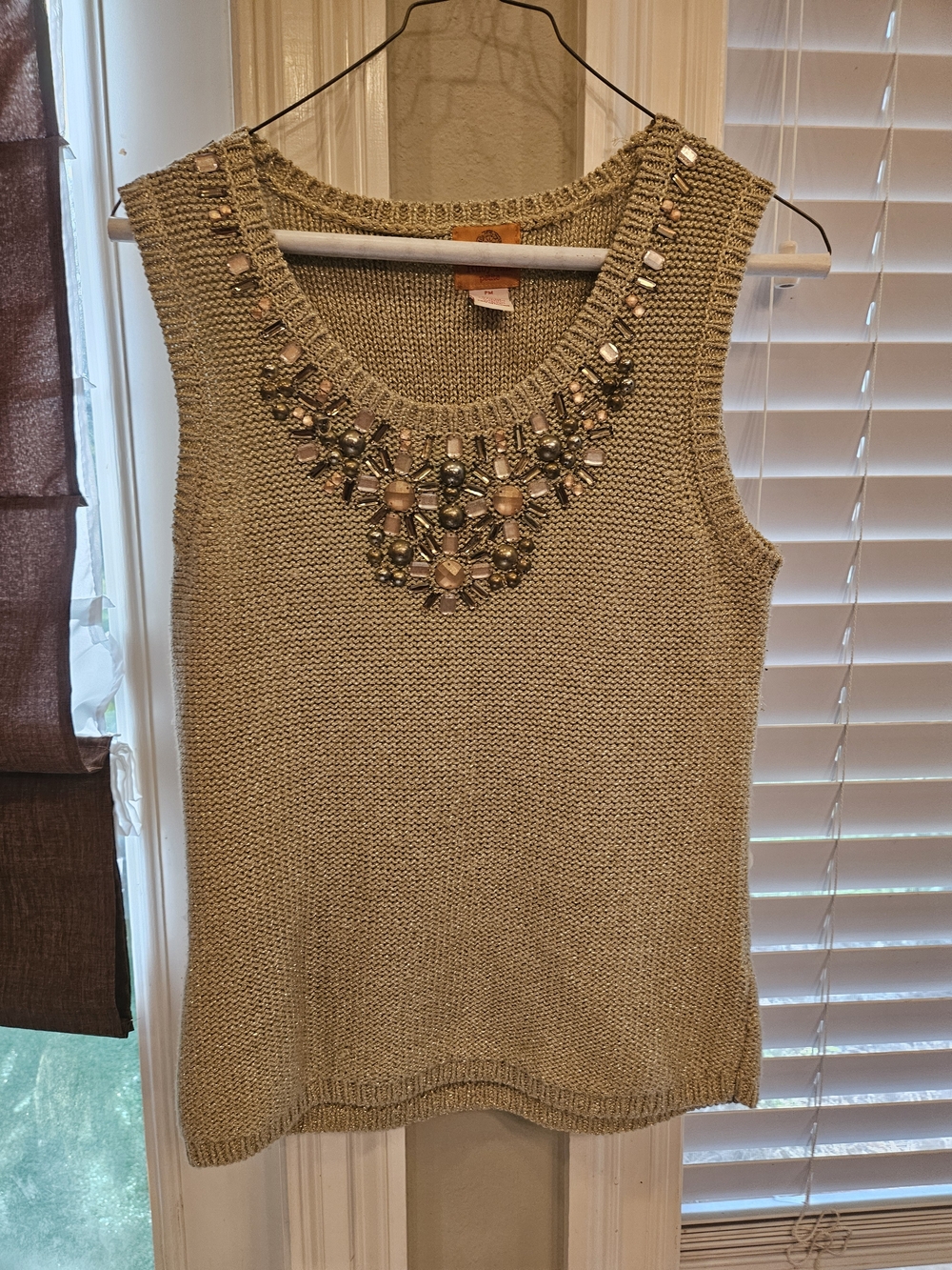 Ruby Rd. Embellished Knit V-Neck Sleeveless Sweater - Taupe